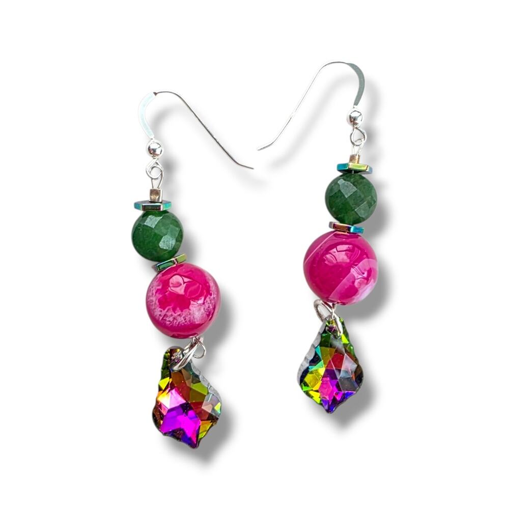 Sterling Silver Dangle Earrings Peacock Genuine Stone Agate Stamped 925 New